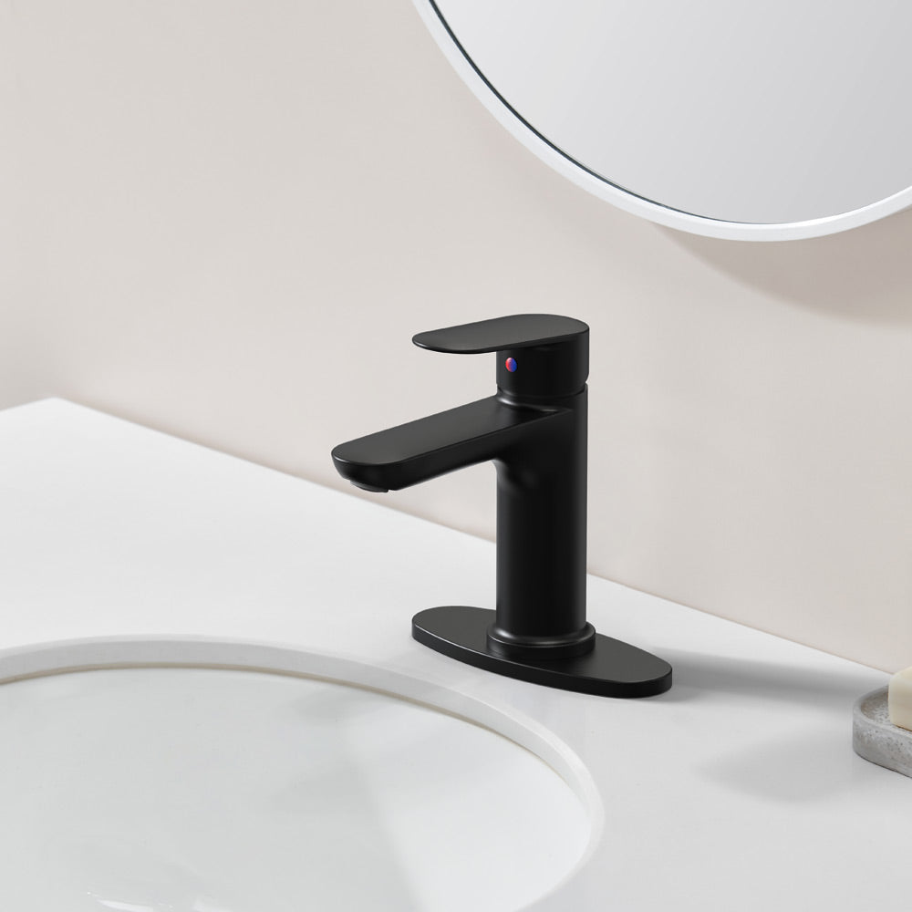 Matte Black Bathroom Sink Faucet, Single Handle Vanity Faucet for 1-Hole or 3-Hole Installation with Deck Plate, Laundry Faucet with 2 Included 9/16" Water Supply Hoses