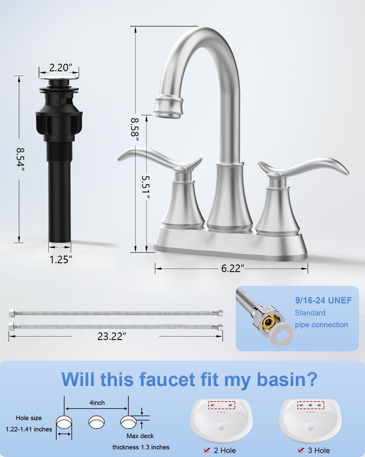 Brushed Nickel 4-Inch Centerset Bathroom Sink Faucet, Two-Handle Vanity Faucet with 360° Swivel High Arc Spout, Pop-Up Drain & Supply Lines