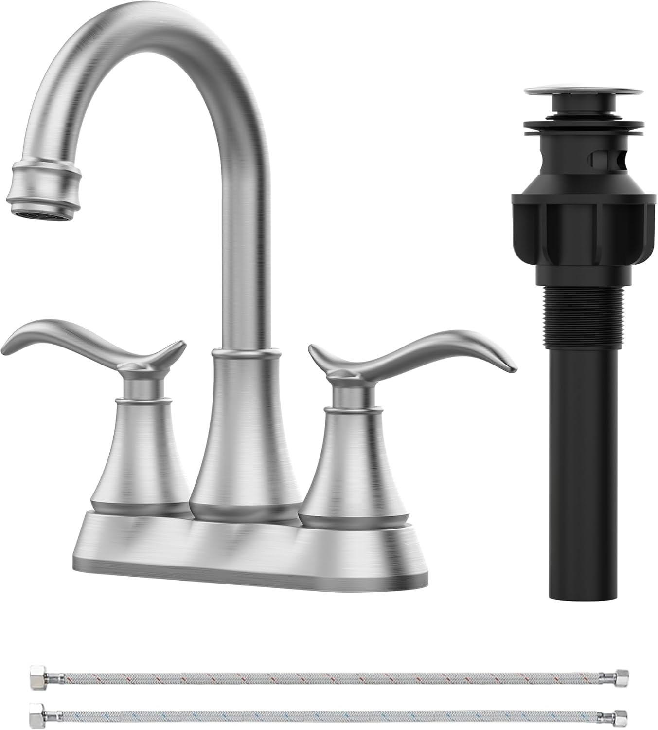 Brushed Nickel 4-Inch Centerset Bathroom Sink Faucet, Two-Handle Vanity Faucet with 360° Swivel High Arc Spout, Pop-Up Drain & Supply Lines