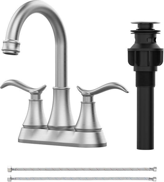 Brushed Nickel 4-Inch Centerset Bathroom Sink Faucet, Two-Handle Vanity Faucet with 360° Swivel High Arc Spout, Pop-Up Drain & Supply Lines