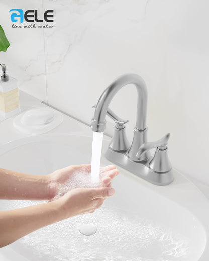 Brushed Nickel 4-Inch Centerset Bathroom Sink Faucet, Two-Handle Vanity Faucet with 360° Swivel High Arc Spout, Pop-Up Drain & Supply Lines