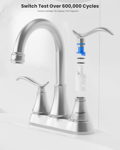 Brushed Nickel 4-Inch Centerset Bathroom Sink Faucet, Two-Handle Vanity Faucet with 360° Swivel High Arc Spout, Pop-Up Drain & Supply Lines