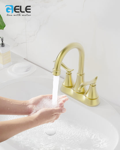 Brushed Gold 4-Inch Centerset Bathroom Sink Faucet, Two-Handle Vanity Faucet with 360° Swivel High Arc Spout, Pop-Up Drain & Supply Lines