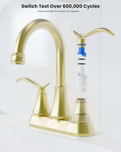 Brushed Gold 4-Inch Centerset Bathroom Sink Faucet, Two-Handle Vanity Faucet with 360° Swivel High Arc Spout, Pop-Up Drain & Supply Lines
