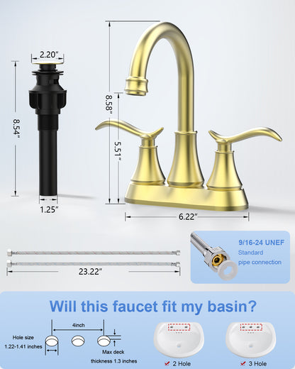 Brushed Gold 4-Inch Centerset Bathroom Sink Faucet, Two-Handle Vanity Faucet with 360° Swivel High Arc Spout, Pop-Up Drain & Supply Lines