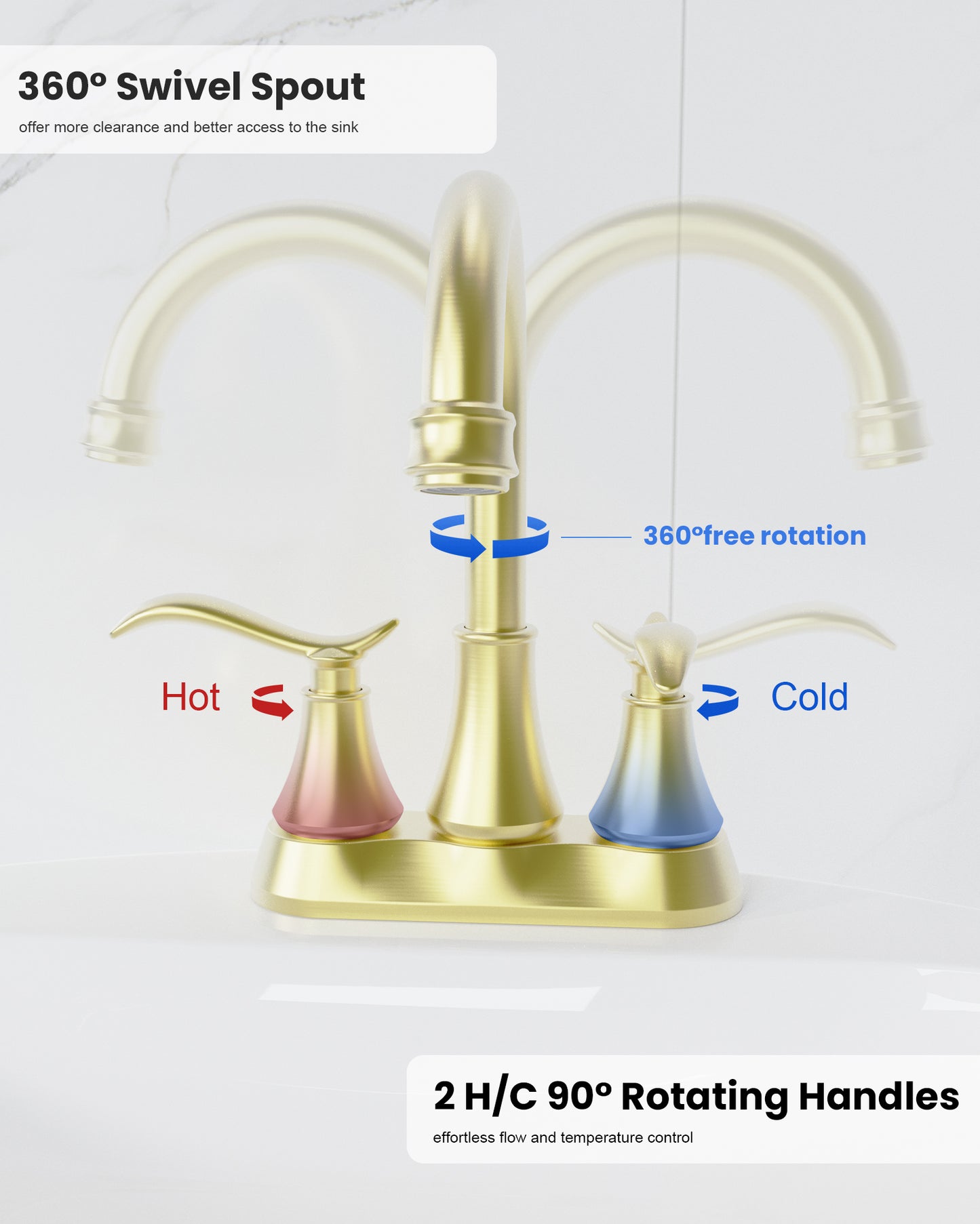 Brushed Gold 4-Inch Centerset Bathroom Sink Faucet, Two-Handle Vanity Faucet with 360° Swivel High Arc Spout, Pop-Up Drain & Supply Lines