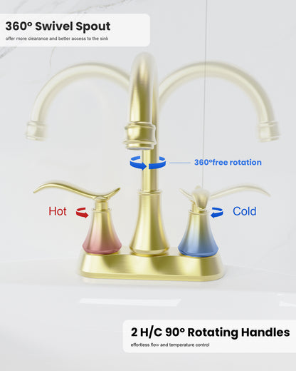 Brushed Gold 4-Inch Centerset Bathroom Sink Faucet, Two-Handle Vanity Faucet with 360° Swivel High Arc Spout, Pop-Up Drain & Supply Lines