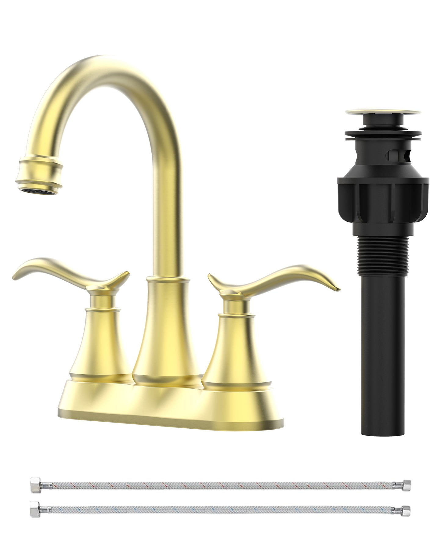 Brushed Gold 4-Inch Centerset Bathroom Sink Faucet, Two-Handle Vanity Faucet with 360° Swivel High Arc Spout, Pop-Up Drain & Supply Lines