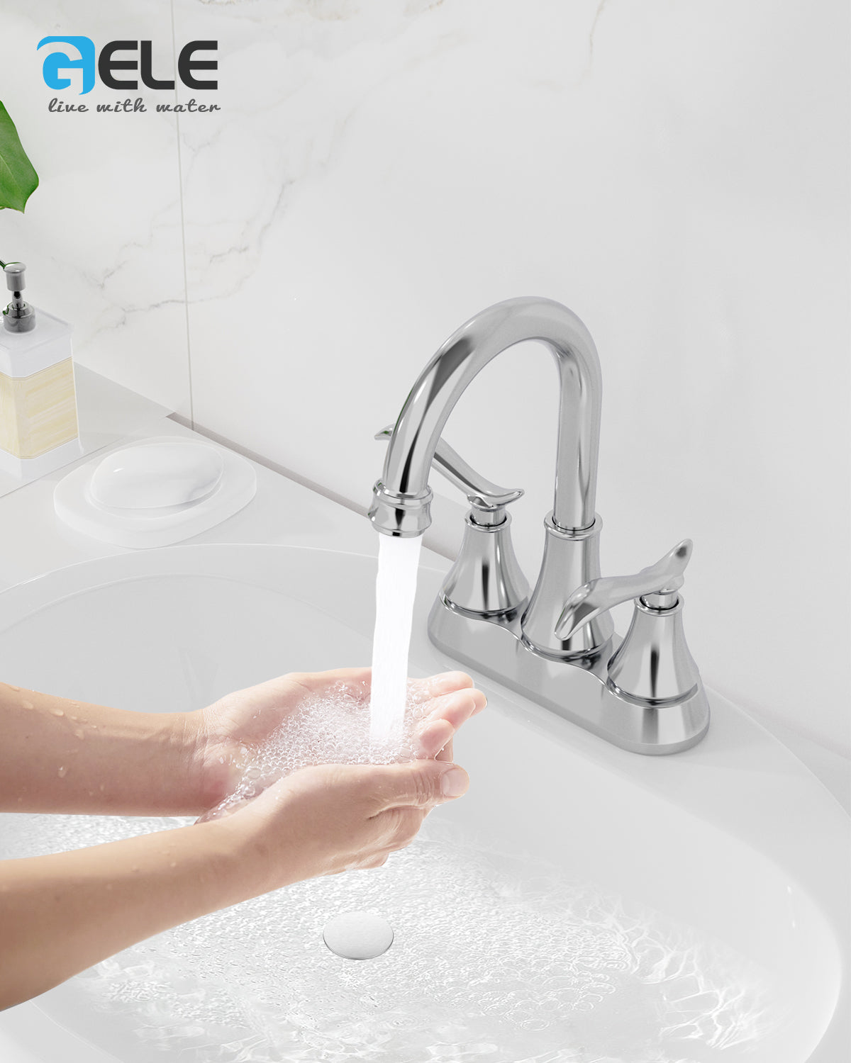 Chrome 4-Inch Centerset Bathroom Sink Faucet, Two-Handle Vanity Faucet with 360° Swivel High Arc Spout, Pop-Up Drain & Supply Lines