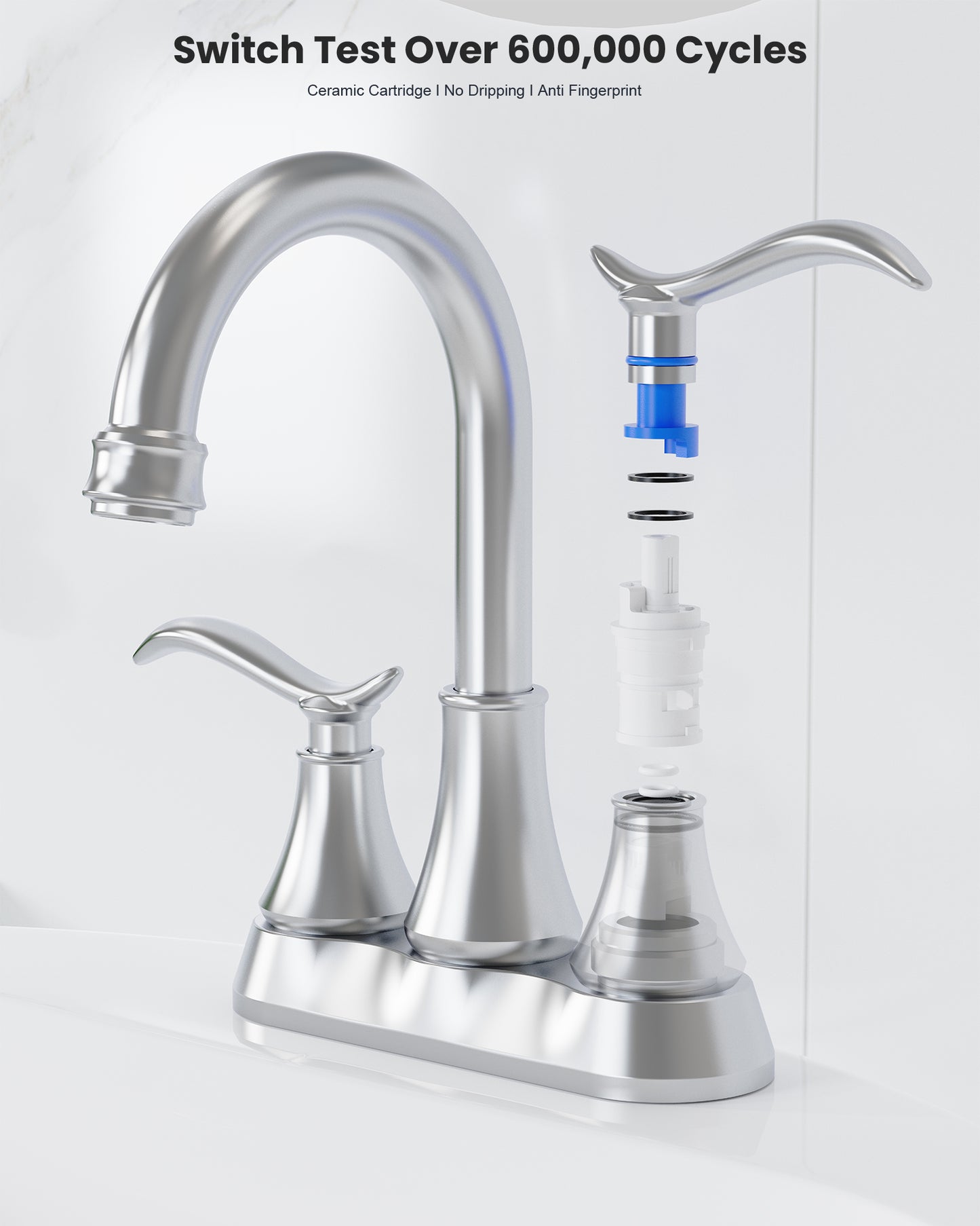 Chrome 4-Inch Centerset Bathroom Sink Faucet, Two-Handle Vanity Faucet with 360° Swivel High Arc Spout, Pop-Up Drain & Supply Lines