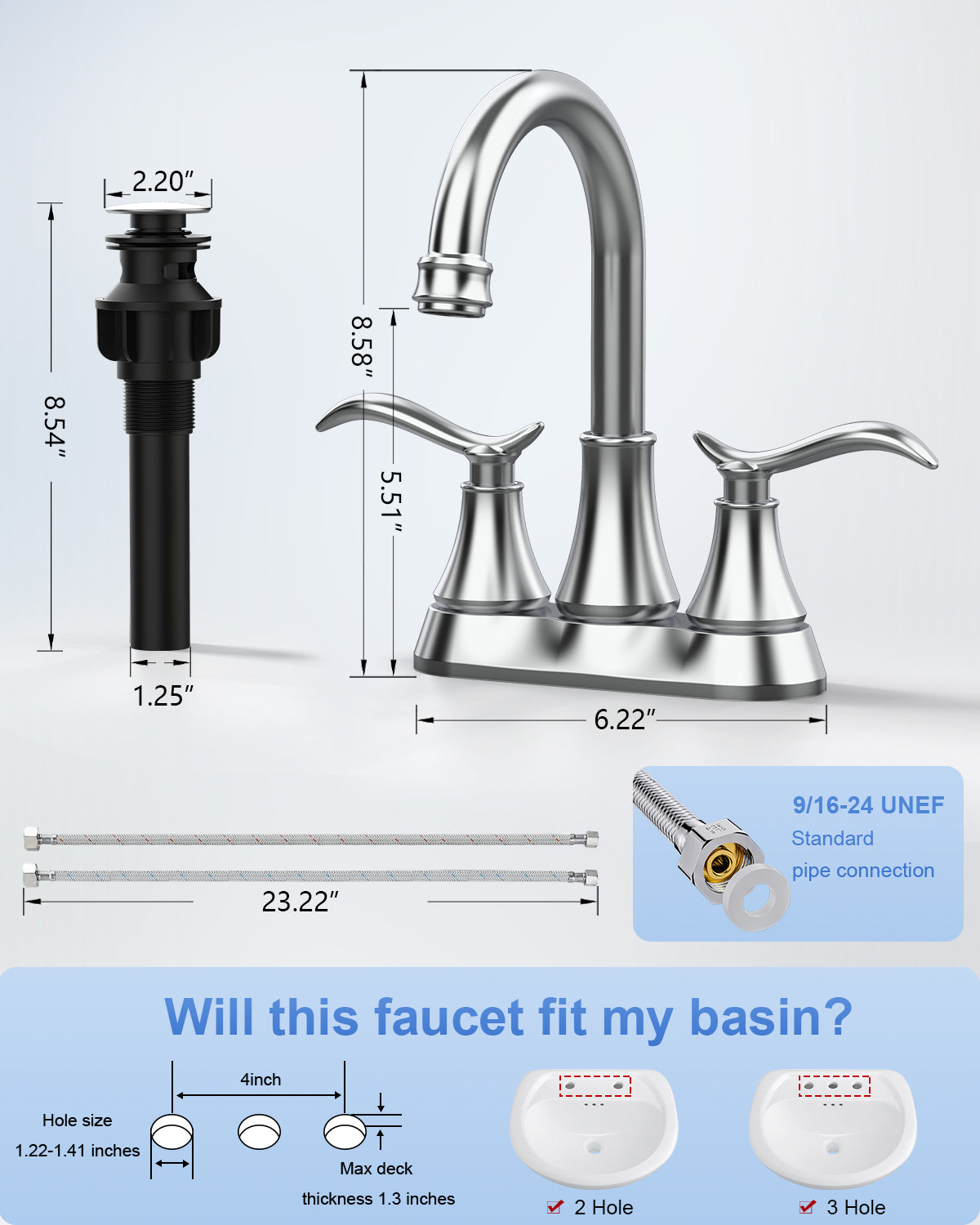 Chrome 4-Inch Centerset Bathroom Sink Faucet, Two-Handle Vanity Faucet with 360° Swivel High Arc Spout, Pop-Up Drain & Supply Lines