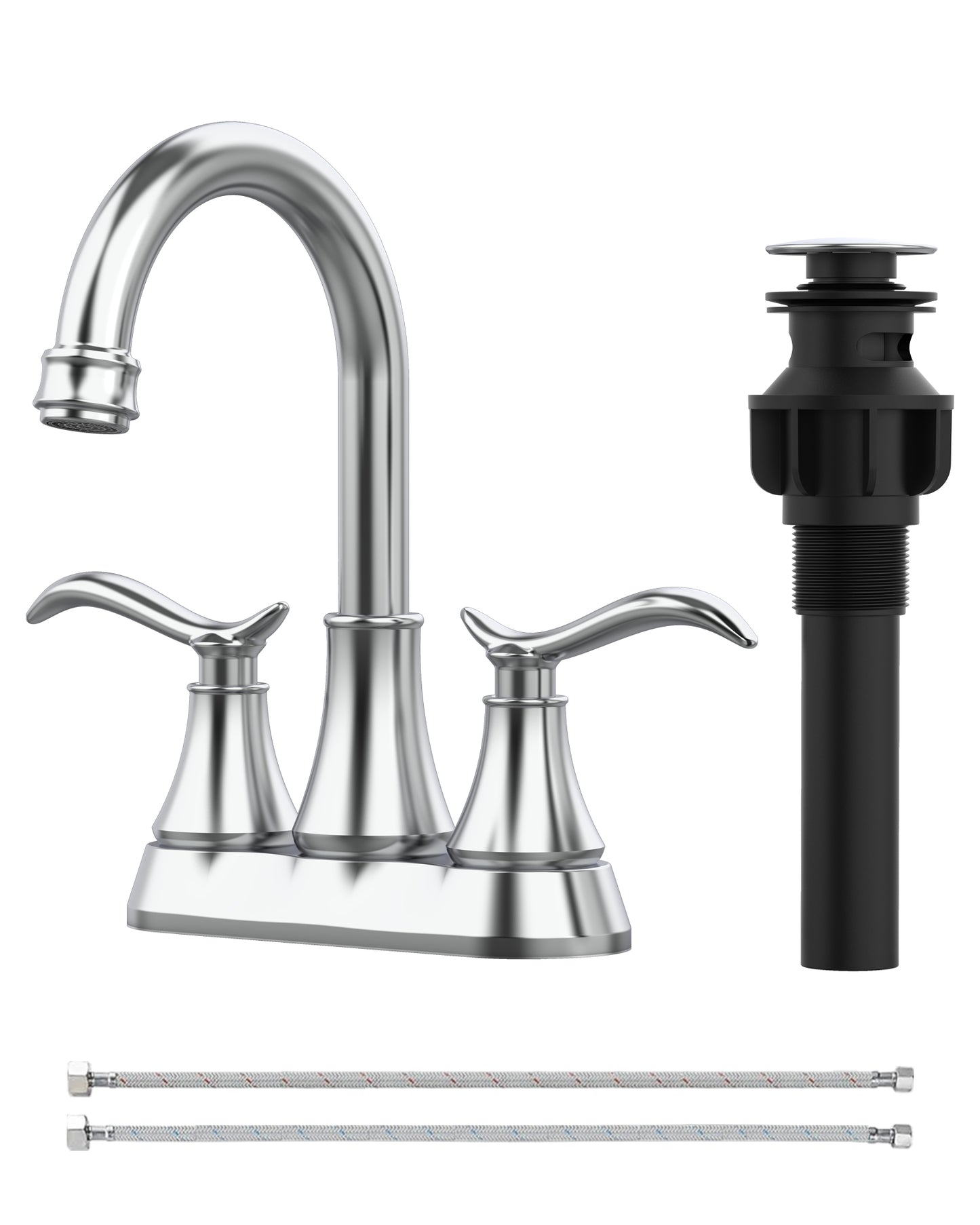Chrome 4-Inch Centerset Bathroom Sink Faucet, Two-Handle Vanity Faucet with 360° Swivel High Arc Spout, Pop-Up Drain & Supply Lines
