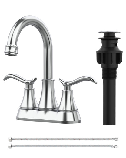 Chrome 4-Inch Centerset Bathroom Sink Faucet, Two-Handle Vanity Faucet with 360° Swivel High Arc Spout, Pop-Up Drain & Supply Lines