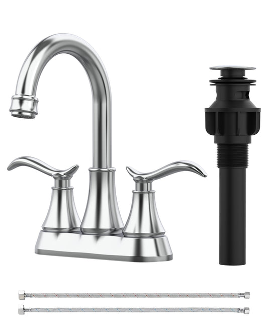 Chrome 4-Inch Centerset Bathroom Sink Faucet, Two-Handle Vanity Faucet with 360° Swivel High Arc Spout, Pop-Up Drain & Supply Lines