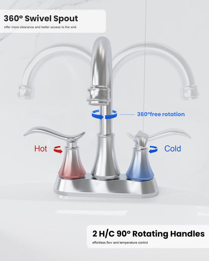Chrome 4-Inch Centerset Bathroom Sink Faucet, Two-Handle Vanity Faucet with 360° Swivel High Arc Spout, Pop-Up Drain & Supply Lines