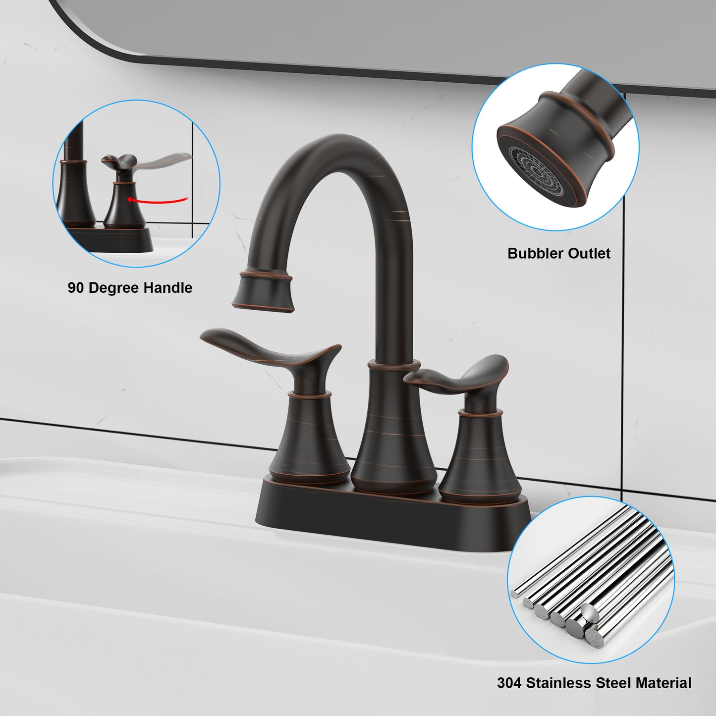 2-Handle 4-Inch Oil Rubbed Bronze Bathroom Faucet, Bathroom Vanity Sink Faucets with Pop-up Drain and Supply Hoses