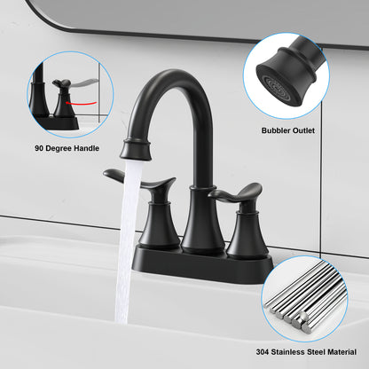 2-Handle 4-Inch Matte Black Bathroom Faucet, Bathroom Vanity Sink Faucets with Pop-up Drain and Supply Hoses