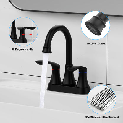 Matte Black 4-Inch Centerset Bathroom Sink Faucet, Two-Handle Vanity Faucet with Pop-Up Drain & Supply Lines