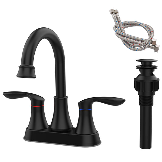 Matte Black 4-Inch Centerset Bathroom Sink Faucet, Two-Handle Vanity Faucet with Pop-Up Drain & Supply Lines
