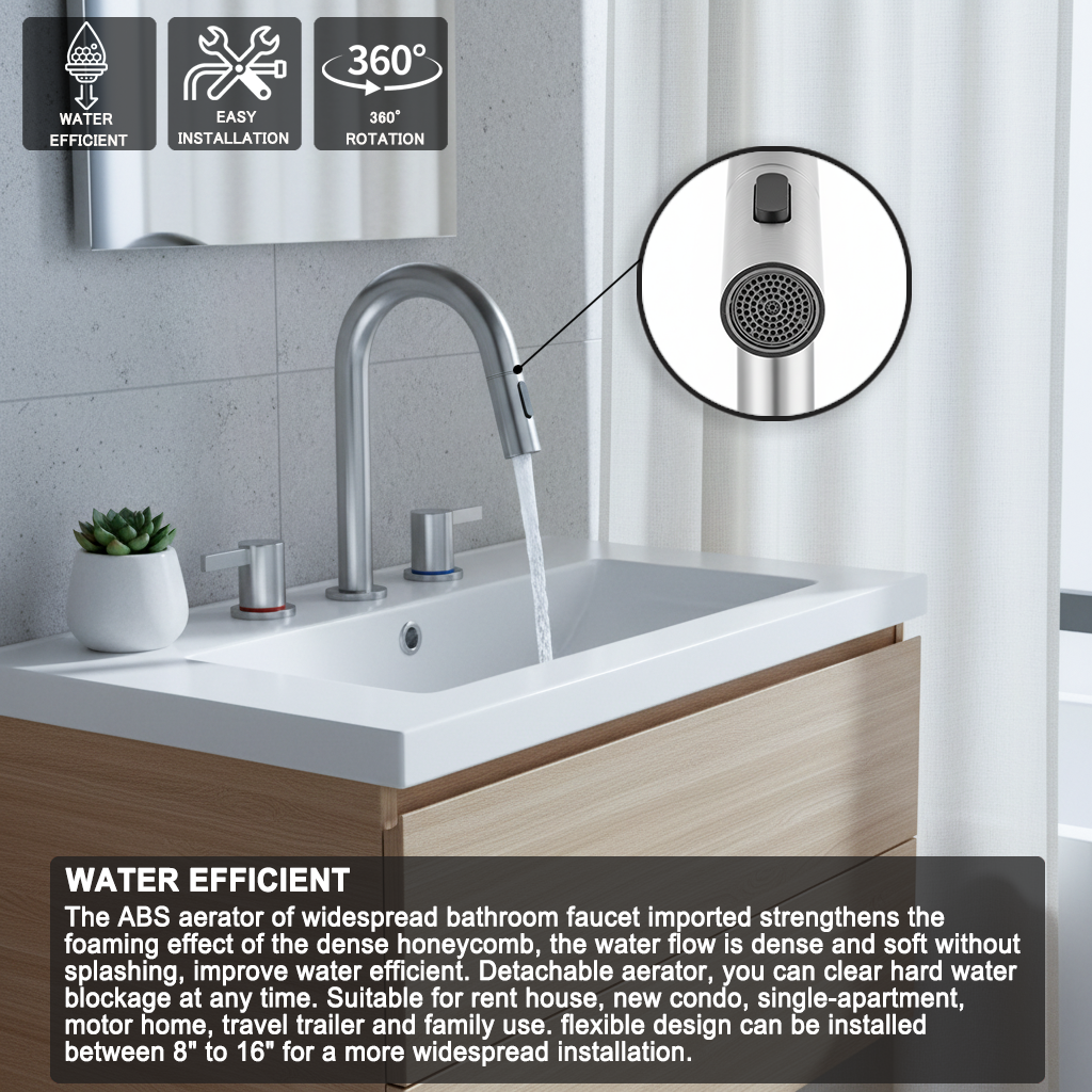 8-Inch Widespread Bathroom Sink Faucet with Pull-Out Sprayer, 2 Spray Modes, 2-Handle 3-Hole Vanity Faucet, 360° Swivel Spout, Pop-Up Drain Included, Brushed Nickel