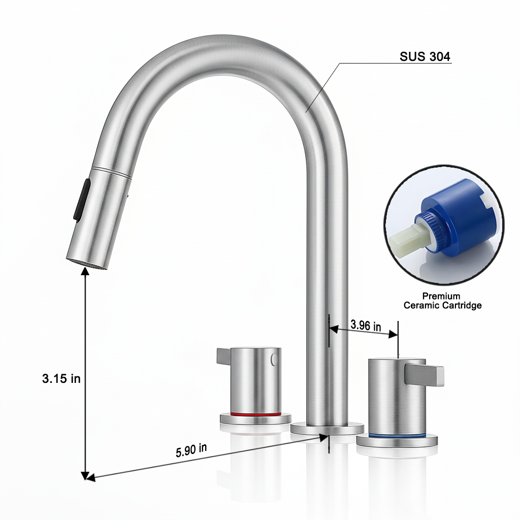 8-Inch Widespread Bathroom Sink Faucet with Pull-Out Sprayer, 2 Spray Modes, 2-Handle 3-Hole Vanity Faucet, 360° Swivel Spout, Pop-Up Drain Included, Brushed Nickel