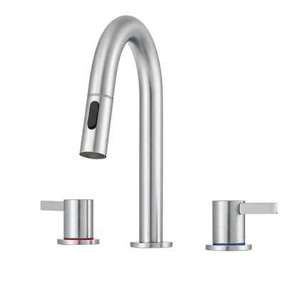 8-Inch Widespread Bathroom Sink Faucet with Pull-Out Sprayer, 2 Spray Modes, 2-Handle 3-Hole Vanity Faucet, 360° Swivel Spout, Pop-Up Drain Included, Brushed Nickel
