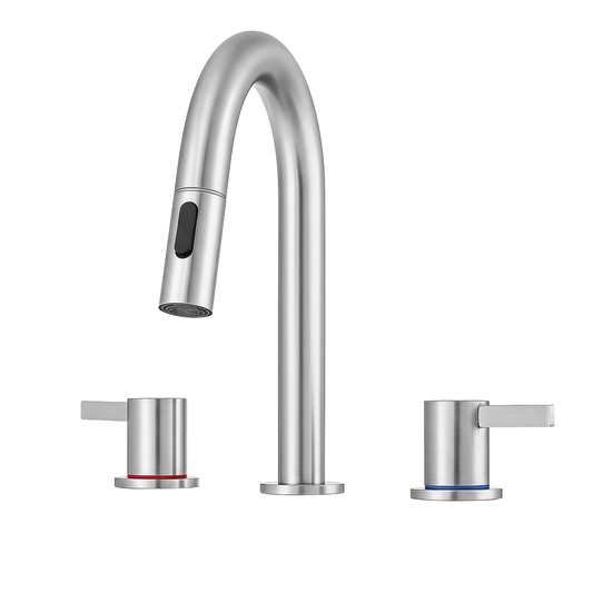 8-Inch Widespread Bathroom Sink Faucet with Pull-Out Sprayer, 2 Spray Modes, 2-Handle 3-Hole Vanity Faucet, 360° Swivel Spout, Pop-Up Drain Included, Brushed Nickel