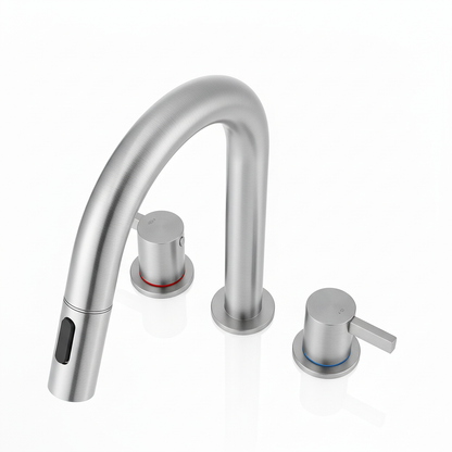 8-Inch Widespread Bathroom Sink Faucet with Pull-Out Sprayer, 2 Spray Modes, 2-Handle 3-Hole Vanity Faucet, 360° Swivel Spout, Pop-Up Drain Included, Brushed Nickel