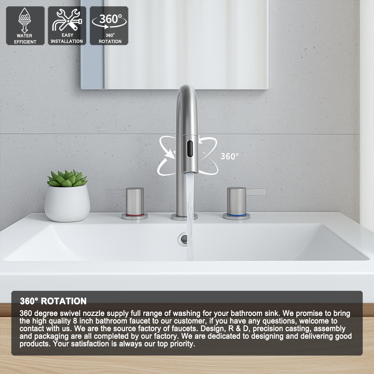 8-Inch Widespread Bathroom Sink Faucet with Pull-Out Sprayer, 2 Spray Modes, 2-Handle 3-Hole Vanity Faucet, 360° Swivel Spout, Pop-Up Drain Included, Brushed Nickel