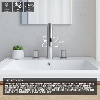 8-Inch Widespread Bathroom Sink Faucet with Pull-Out Sprayer, 2 Spray Modes, 2-Handle 3-Hole Vanity Faucet, 360° Swivel Spout, Pop-Up Drain Included, Brushed Nickel