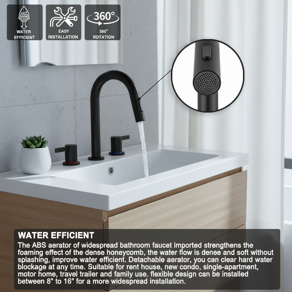 8-Inch Widespread Bathroom Sink Faucet with Pull-Out Sprayer, 2 Spray Modes, 2-Handle 3-Hole Vanity Faucet, 360° Swivel Spout, Pop-Up Drain Included, Matte Black