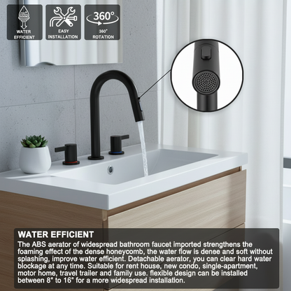 8-Inch Widespread Bathroom Sink Faucet with Pull-Out Sprayer, 2 Spray Modes, 2-Handle 3-Hole Vanity Faucet, 360° Swivel Spout, Pop-Up Drain Included, Matte Black