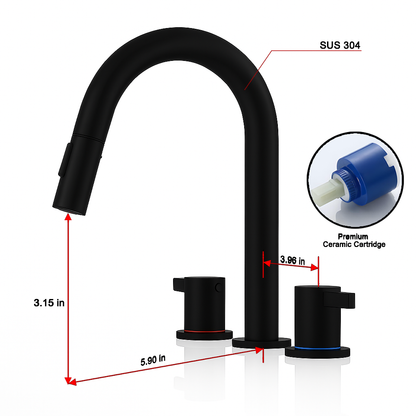 8-Inch Widespread Bathroom Sink Faucet with Pull-Out Sprayer, 2 Spray Modes, 2-Handle 3-Hole Vanity Faucet, 360° Swivel Spout, Pop-Up Drain Included, Matte Black