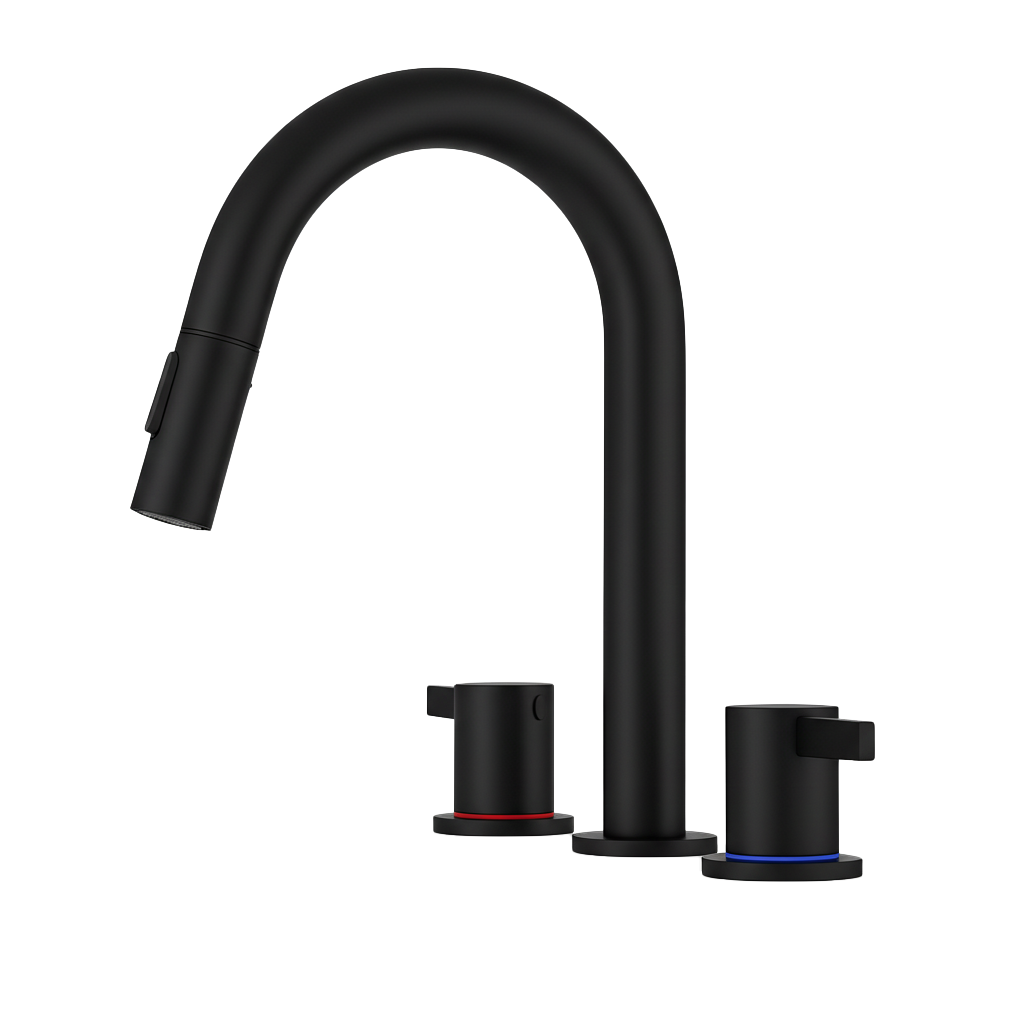 8-Inch Widespread Bathroom Sink Faucet with Pull-Out Sprayer, 2 Spray Modes, 2-Handle 3-Hole Vanity Faucet, 360° Swivel Spout, Pop-Up Drain Included, Matte Black