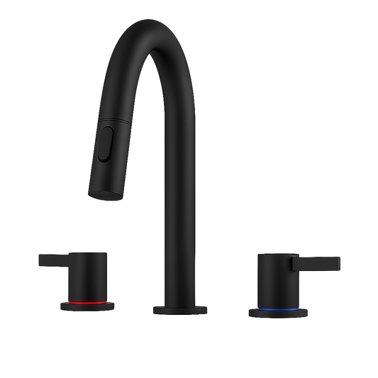 8-Inch Widespread Bathroom Sink Faucet with Pull-Out Sprayer, 2 Spray Modes, 2-Handle 3-Hole Vanity Faucet, 360° Swivel Spout, Pop-Up Drain Included, Matte Black