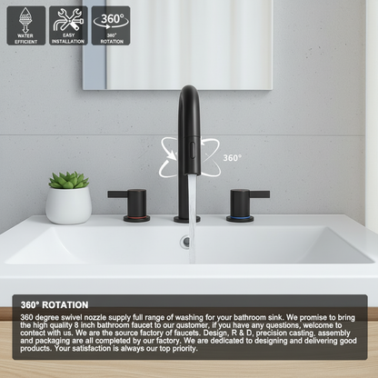 8-Inch Widespread Bathroom Sink Faucet with Pull-Out Sprayer, 2 Spray Modes, 2-Handle 3-Hole Vanity Faucet, 360° Swivel Spout, Pop-Up Drain Included, Matte Black