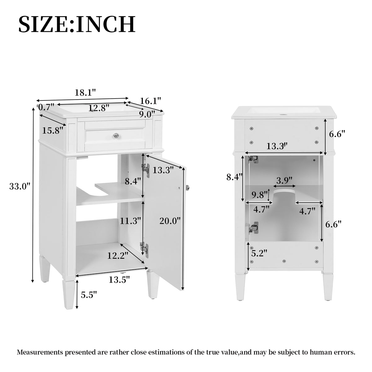 18" Bathroom Vanity with Sink, French Style Small Bathroom Vanity, Freestanding Wood Vanity Cabinet with Ceramic Sink Basin, Soft Close Door & U-Shaped Shelf,White