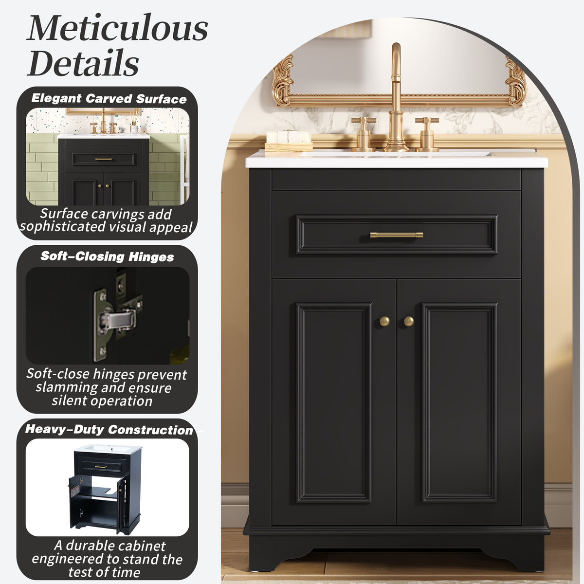 24" Bathroom Vanity with Sink, Small Bathroom Vanity with Tip-Out Drawer & Adjustable Storage, 3-Hole 4" Centerset Ceramic Sink with Overflow, Soft Close Door,Black