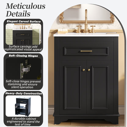 24" Bathroom Vanity with Sink, Small Bathroom Vanity with Tip-Out Drawer & Adjustable Storage, 3-Hole 4" Centerset Ceramic Sink with Overflow, Soft Close Door,Black