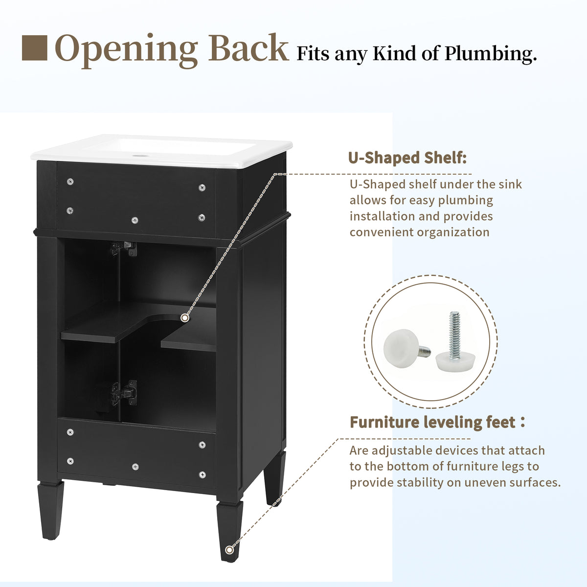 18" Bathroom Vanity with Sink, French Style Small Bathroom Vanity, Freestanding Wood Vanity Cabinet with Ceramic Sink Basin, Soft Close Door & U-Shaped Shelf,Black