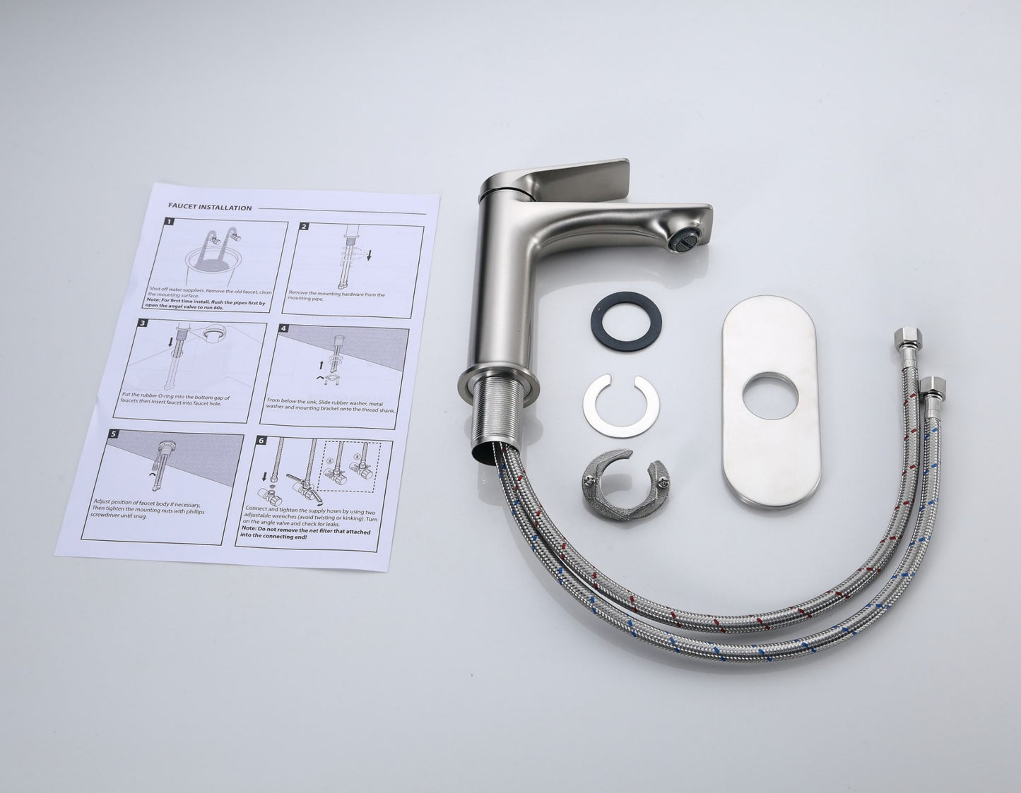 Brushed Nickel Bathroom Sink Faucet, Single Handle with Deck Plate for 1-Hole or 3-Hole Installation