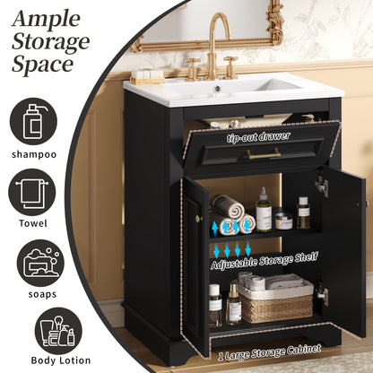 24" Bathroom Vanity with Sink, Small Bathroom Vanity with Tip-Out Drawer & Adjustable Storage, 3-Hole 4" Centerset Ceramic Sink with Overflow, Soft Close Door,Black