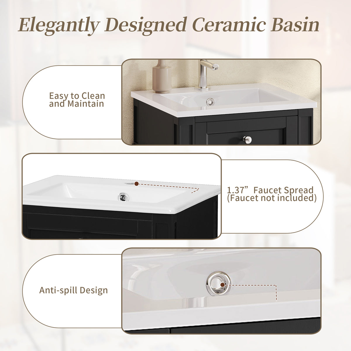 18" Bathroom Vanity with Sink, French Style Small Bathroom Vanity, Freestanding Wood Vanity Cabinet with Ceramic Sink Basin, Soft Close Door & U-Shaped Shelf,Black
