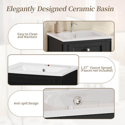 18" Bathroom Vanity with Sink, French Style Small Bathroom Vanity, Freestanding Wood Vanity Cabinet with Ceramic Sink Basin, Soft Close Door & U-Shaped Shelf,Black