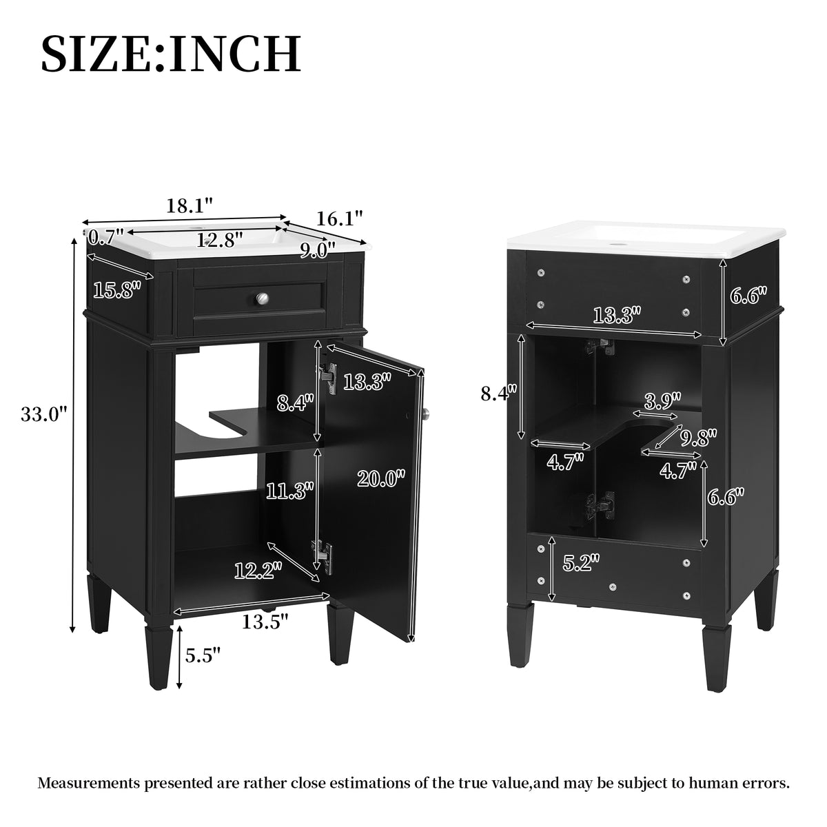 18" Bathroom Vanity with Sink, French Style Small Bathroom Vanity, Freestanding Wood Vanity Cabinet with Ceramic Sink Basin, Soft Close Door & U-Shaped Shelf,Black