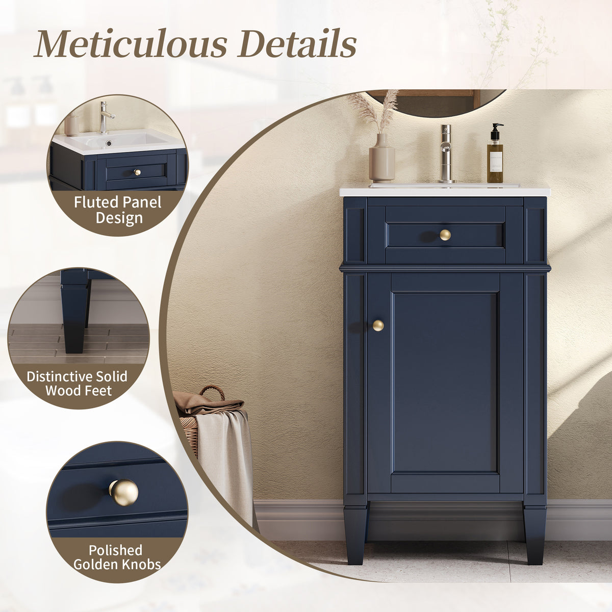 18" Bathroom Vanity with Sink, French Style Small Bathroom Vanity, Freestanding Wood Vanity Cabinet with Ceramic Sink Basin, Soft Close Door & U-Shaped Shelf,Blue