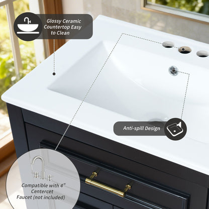 24" Bathroom Vanity with Sink, Small Bathroom Vanity with Tip-Out Drawer & Adjustable Storage, 3-Hole 4" Centerset Ceramic Sink with Overflow, Soft Close Door,Black