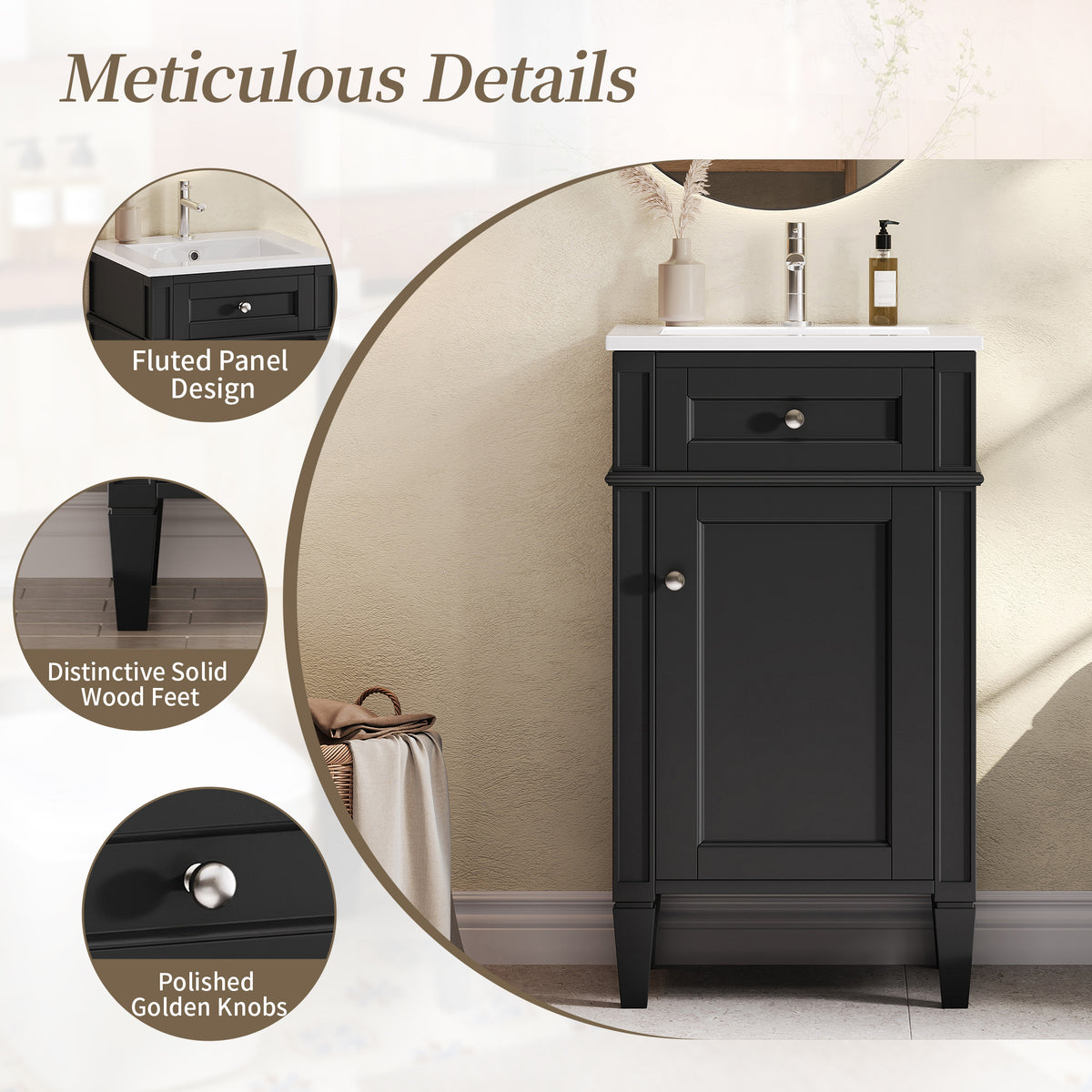 18" Bathroom Vanity with Sink, French Style Small Bathroom Vanity, Freestanding Wood Vanity Cabinet with Ceramic Sink Basin, Soft Close Door & U-Shaped Shelf,Black