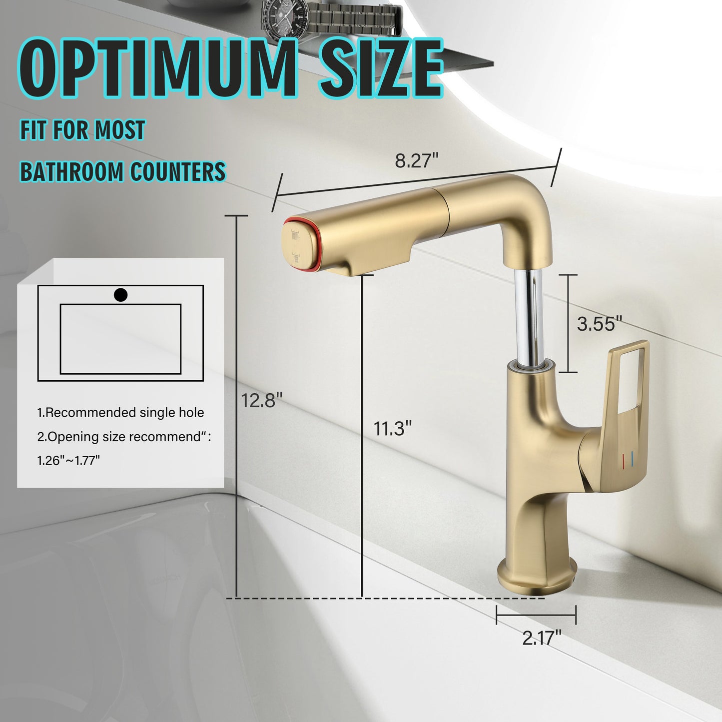 Brushed Gold Pull-Out Bathroom Vessel Sink Faucet, Single Handle Single-Hole Faucet with Pull-Out Sprayer & Dual Spray Modes