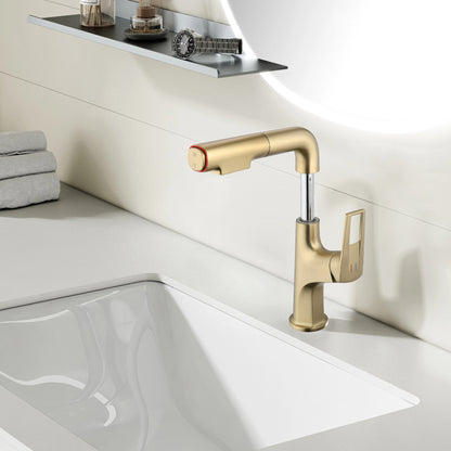 Brushed Gold Pull-Out Bathroom Vessel Sink Faucet, Single Handle Single-Hole Faucet with Pull-Out Sprayer & Dual Spray Modes